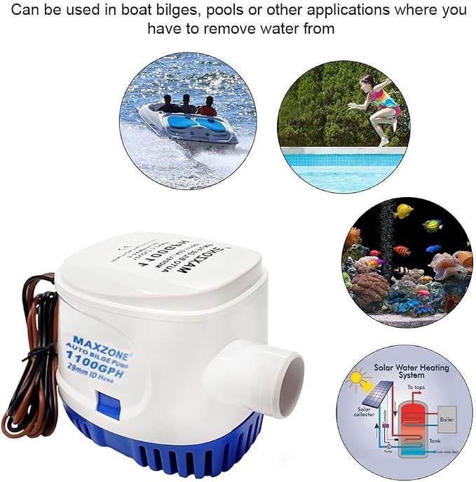 Automatic Submersible Boat Bilge Water Pump 12v 1100gph Auto with Float Switch, 1-1/8" Outlet, Compact Marine Boat Yacht