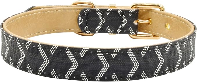 Leather Dog Collar and Leash Set, Check Pattern Dog Collar Leashes Metal Buckle Adjustable Durable for Small Medium Large Dogs (Black, M(11.8-15IN))