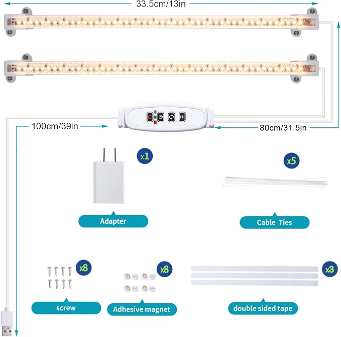 Hywyimlait LED Grow Light Strips for Indoor Plants Full Spectrum 3500K, 96 LEDs Plant Light Bar with 3/9/12H Timer, 10 Dimmable Levels for Seedling Succulent, 13 Inches 2 Head