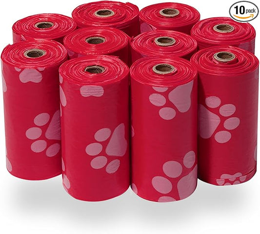 Best Pet Supplies Dog Poop Bags for Waste Refuse Cleanup, Doggy Roll Replacements for Outdoor Puppy Walking and Travel, Leak Proof and Tear Resistant, Thick Plastic - Red, 150 Bags