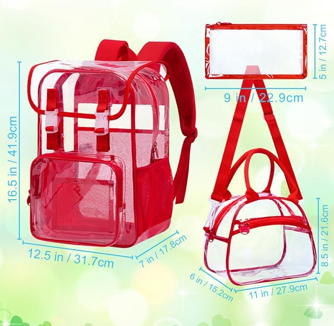 17" Flip Top Clear Backpack for Girls, 3Pcs Stadium Approved Set, Heavy Duty Transparent Bookbag for Gym/School (Red)