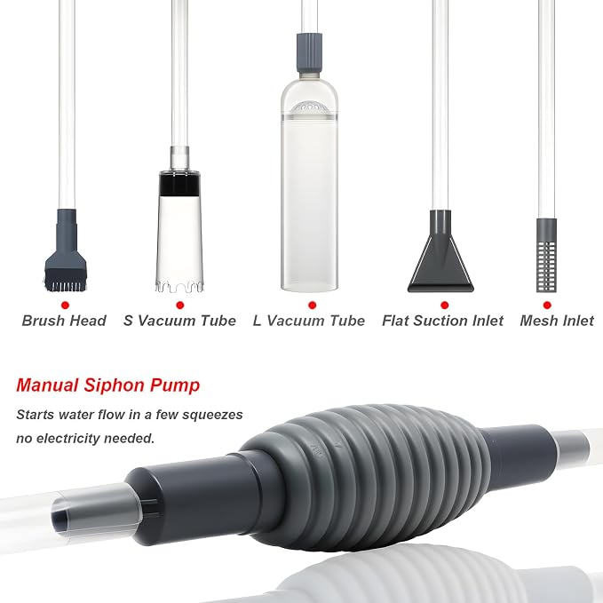 Aquarium Siphon Vacuum Kit with Turkey Baster, Fish Net for Tank Cleaning | Dual Vacuum Tubes; Brush Head; Gravel & Sand Cleaning; Water Change; Debris Removal; Flow Control Valve