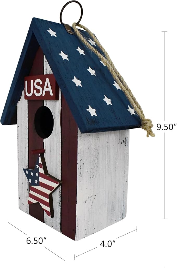 Linfevisi Wooden Patriotic Bird House Bluebird Nest Box American Flag Birds Boxes Home Wood Birdhouses Hanging Outdoor Decorative for Wren Finch Chickadee Sparrows Cardinals Tree July 4th(A)