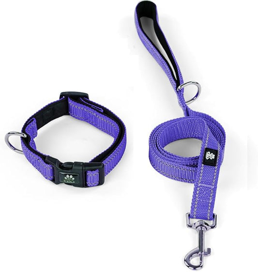 IVY&LANE Reflective Dog Collar and Leash Set,Adjustable Neoprene Padded Dog Collars for Puppy, Breathable Nylon Pet Collar for Small Medium Large Dogs (Medium,Purple)