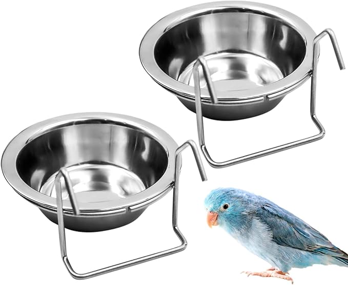 2PCS Bird Feeder Birds Bowls Bird Feeder Dish Cup Stainless Steel Dishes Coop Cups with Wire Hook Stainless Steel Parrot Food Bowl Feeding Coop Cups for Parakeet Lovebird