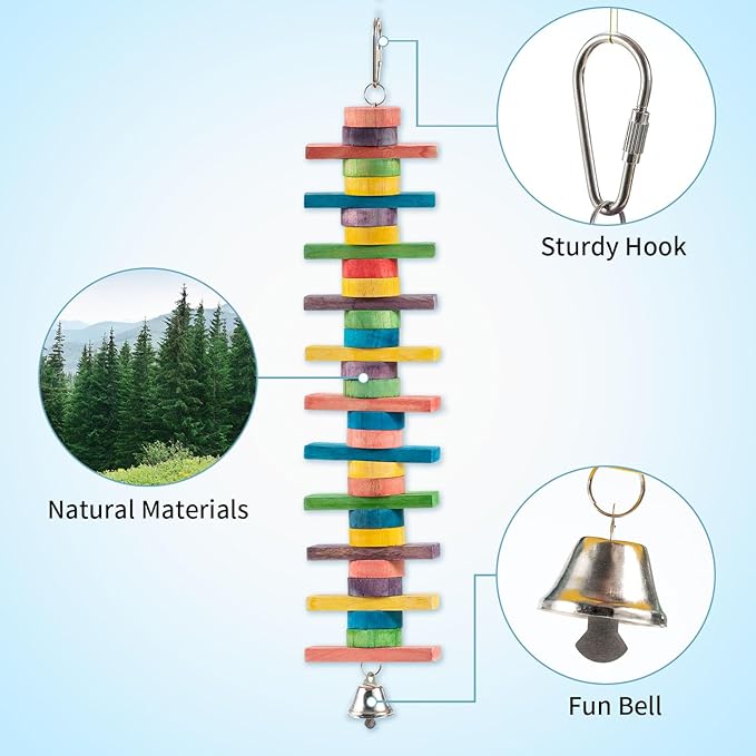 2 PCS 14.37" Multicolored Bird Toys - Stress Relief Chew Parrot Toys, Natural Wooden Blocks, Hanging Bird Cage Accessories, for Parakeets, Cockatiels, Conures, Budgies, Lovebirds