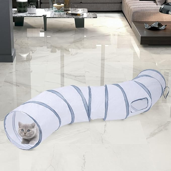 Sheldamy Cat Tunnel, S-2-Way Cat Tunnels for Indoor Cats, Collapsible Cat Play Tunnel, Interactive Toy Maze Cat House with 1 Play Ball for Cats, Puppy, Kitty, Kitten, Rabbit (White & Gray)
