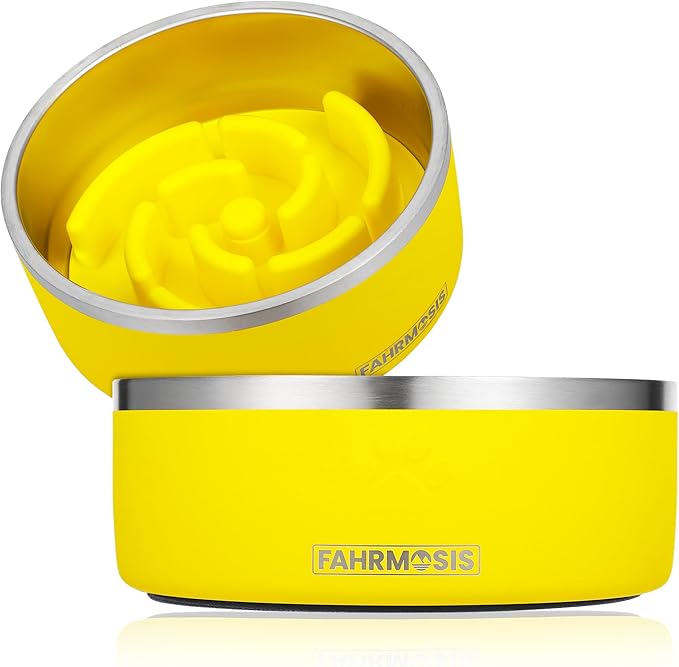 FAHRMOSIS 32 Oz Dog Bowl with Slow Feeder Insert Stainless Steel Pet Water Bowl for Medium & Large Breed Non Slip Rubber Base & Plastic Puzzle Feeder - Yellow