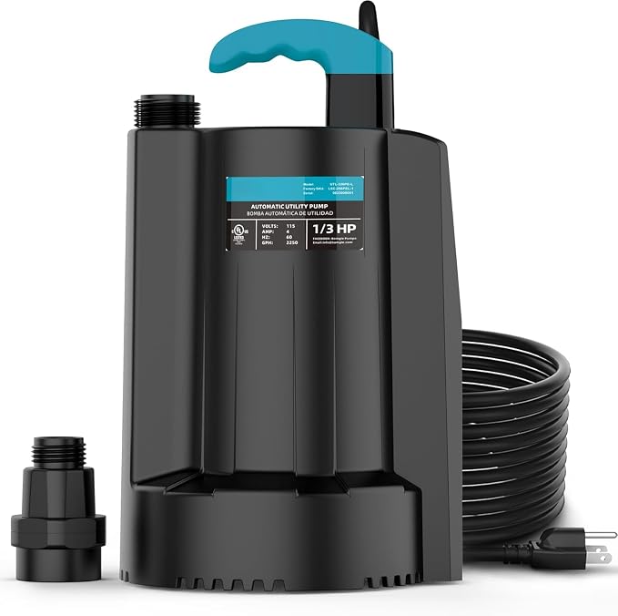 LEO 1/3 HP Automatic Sump Pump, 2250GPH Submersible Utility Pump, 20ft Cord | Water Pump with 3/4” Garden Hose Check Valve Adapter, Water Removal for Pool Draining Basement Hot Tubs Garden