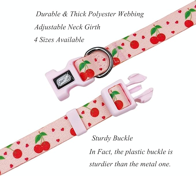 Dog Collar Leash Set, Fruit Pattern, Polyester Material, Adjustable Collar and 5ft Matching Leash, for Small Dogs.(S, Pink Cherry)