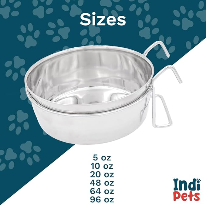 INDIPETS Coop Cup with Hook/Wire Holder: Pet Water and Food Bowl | 20 oz, Stainless Steel (PN: 800115)