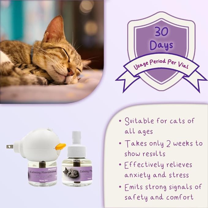 Cat Calming Pheromone Diffuser Kit, Cat Pheromones Calming Diffuser with 2 Refills, Calming Cat Diffuser for Anxiety Relief, for Home Noise, Alone Anxiety & Groom Stress, 30 Days Per Vial