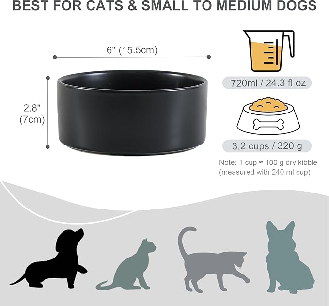 Ceramic Dog Bowl for Food and Water - Pet Feeder Bowl for Small to Medium Dogs and Large Cats - Heavy Ceramic Feeding Dish with Non Slip Base - Dishwasher & Microwave Safe - 6 Inch - 3.2 Cups - Black