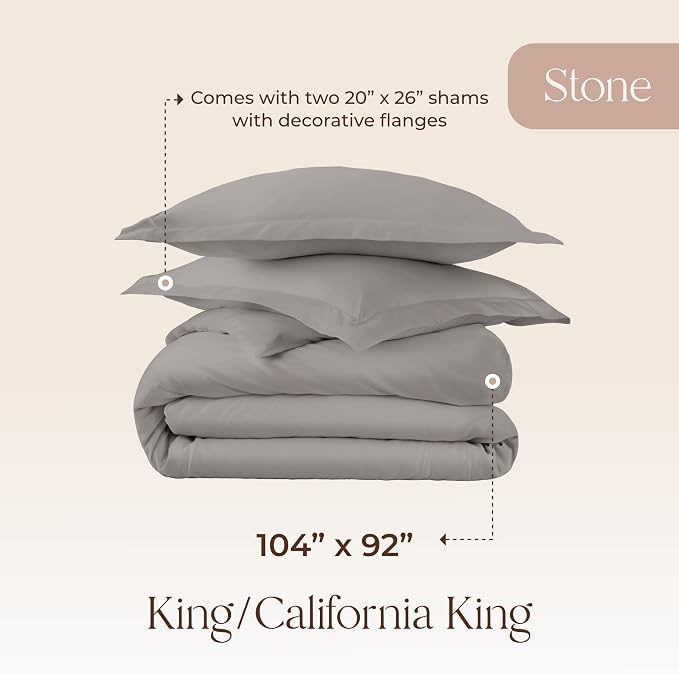 100% Organic Cotton Duvet Cover King Size - Naturally Soft Lightweight & Cooling Duvet Cover Set with Decorative Shams - Premium GOTS Certified 300 Thread Count Sateen Weave (Stone, King)