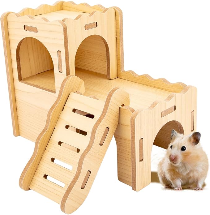 Natural Wood Hamster Habitat Hideout Cage Accessories, Maze Cabin with Fun Slide & Double-Decker House, Exercise Toys for Dwarf Hamsters, Gerbils, Mice,Other Small Animals(Only for Small Hamster C)