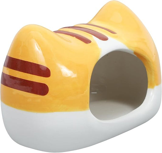 Ceramic Hamster Hideout Bed Cat-Shaped Cozy Nest for Dwarf Hamsters Gerbils and Mice Unique Floral Design Multifunctional Toy and Shelter for Small Pets