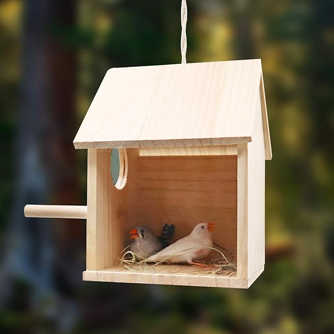 Large Bird House for Outside, Outdoor Wooden Birdhouse with Transparent Acrylic Window, Bird Nest Box with Pole for Garden Patio, Hanging Birdhouse for Sparrow Hummingbird Finch 5.7 × 5.7 × 8.7 Inches