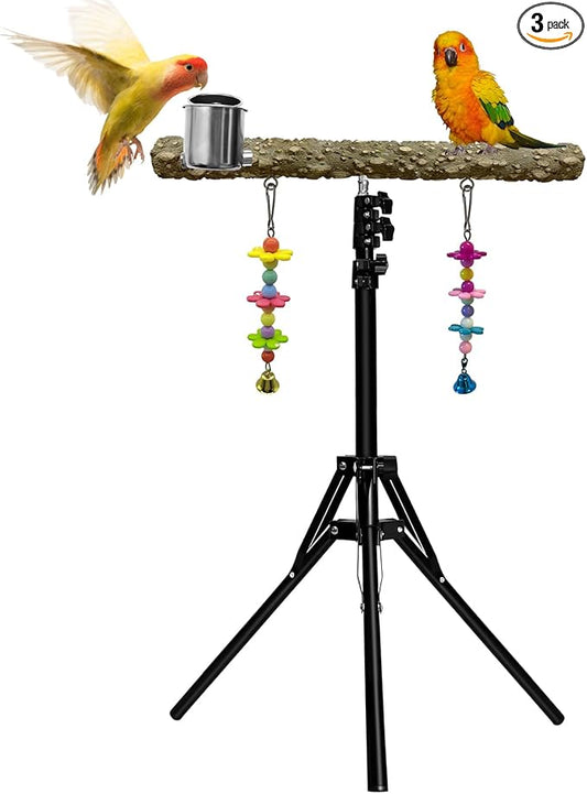 16-63 Inch Height Adjustable Bird Perch Pepper Wood Parrot Training Perch Stand with Feeding Cups and Swing Toy Parakeet Perches Indoor and Outdoor Parrot Stands for Small to Medium Bird
