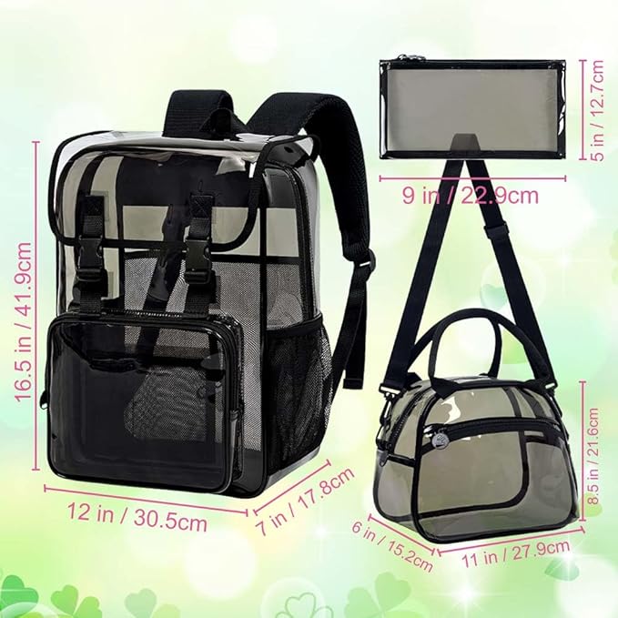 17" Flip Top Clear Backpack, Stadium Approved 3Pcs Set, Heavy Duty Transparent Bookbag for Gym/Concert (Dark Black)