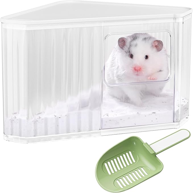mini&moe Hamster Sand Bath Container - Small Animal Bathroom Shower Room Large Space Corner Digging Box with Cleaning Scoop Rat Dust Bath House for Guinea Pig, Hedgehog, Gerbil