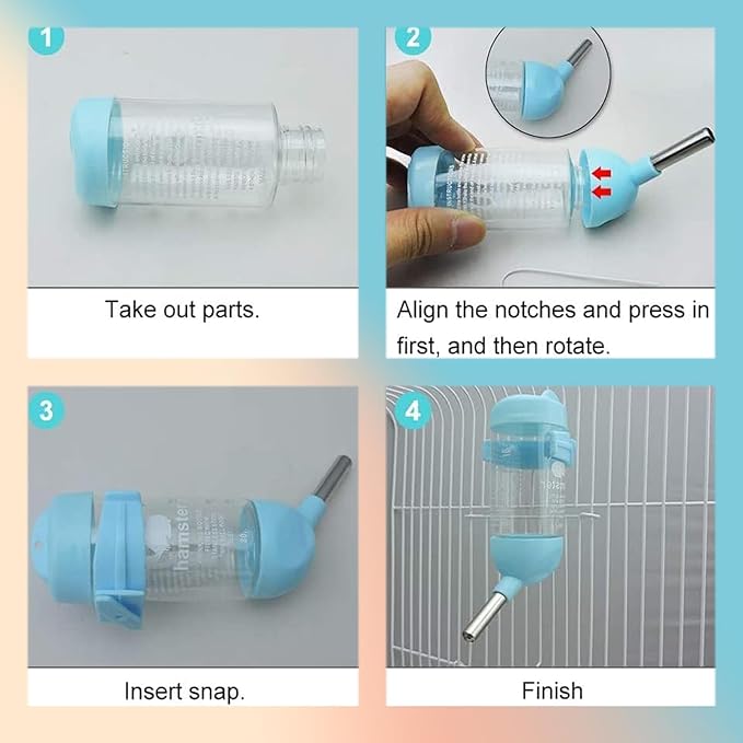Guinea Pig Water Bottle No Drip, Plastic Hamster Water Bottle with Suspension Clamp, Hamster Cage Accessories Hanging (Blue, 80ml)