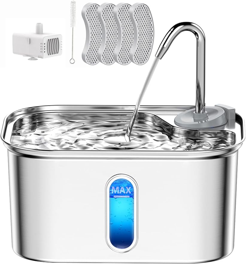 Cat Water Fountain Stainless Steel for Cats Indoor 2.5L 85oz by BPA-Free SUS304, 4pcs Effective 6-Layer Filter Cat Fountain for Drinking 20dB Ultra Quiet Metal Pet Water Fountain (Fountain+4 Filters)