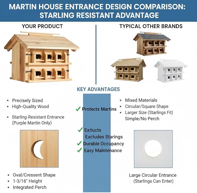 CEDAR ALPHA Purple Martin House Birdhouse for Outside, Starling Resistant Opening, with 12 Hole Rooms for Outdoor,Solid Western Red Cedar Wood Construction, Post Mountable, Bird House for Outside