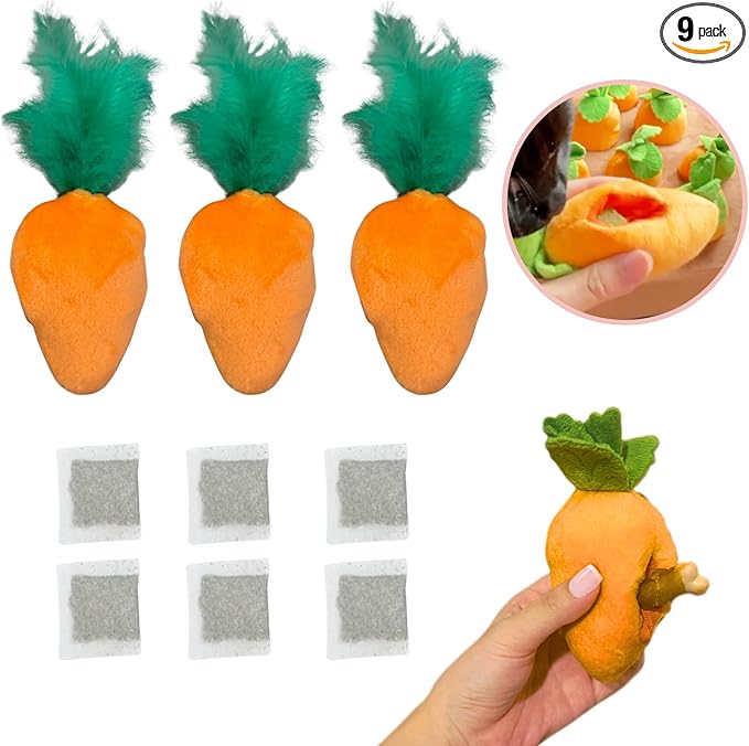 CECE PAW 4 Pack Cat Carrot Feather Toy, Catnip Refillable Toys, Cat Kicker Toy with Treat Pockets and 6 Catnip Pouches