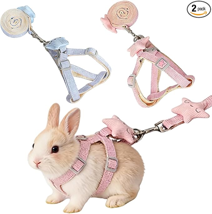 2 Pack Adjustable Rabbit Harness Set,Escape Proof Harness for Small Pets,Rabbits,Guinea Pigs,Ferrets – Comfortable,Durable Bunny Accessories for Walking&Running,All Season for Small Animals（Pink,Blue）