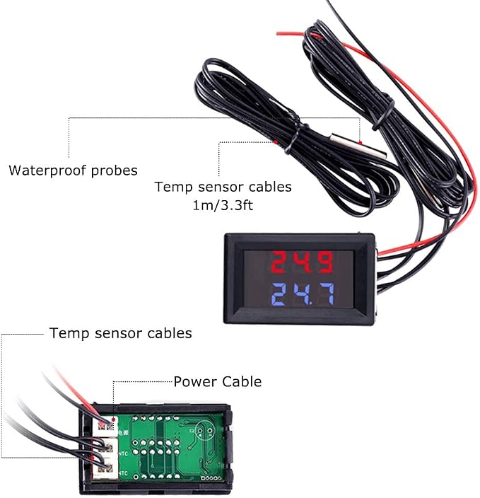 IS Icstation Digital Thermometer, Car Auto Temperature Gauge Sensor, DC 4-28V Fahrenheit Dual Display, Monitor with 2 NTC Waterproof Probes for Aquarium Vehicle Fish Tank