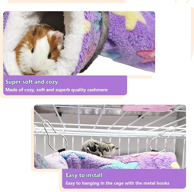 LEFTSTARER Guinea Pig Accessories Tunnel Sugar Glider Cage Accessories Hamster Rat Toys Ferret Hammock Hanging Tunnel for Small Animals （Purple-Star）