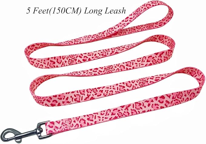Dog Collar Leash Set, Leopard Pattern, Polyester Material, Adjustable Collar and 5ft Matching Leash, for Small Dogs.(S, Pink Leopard)