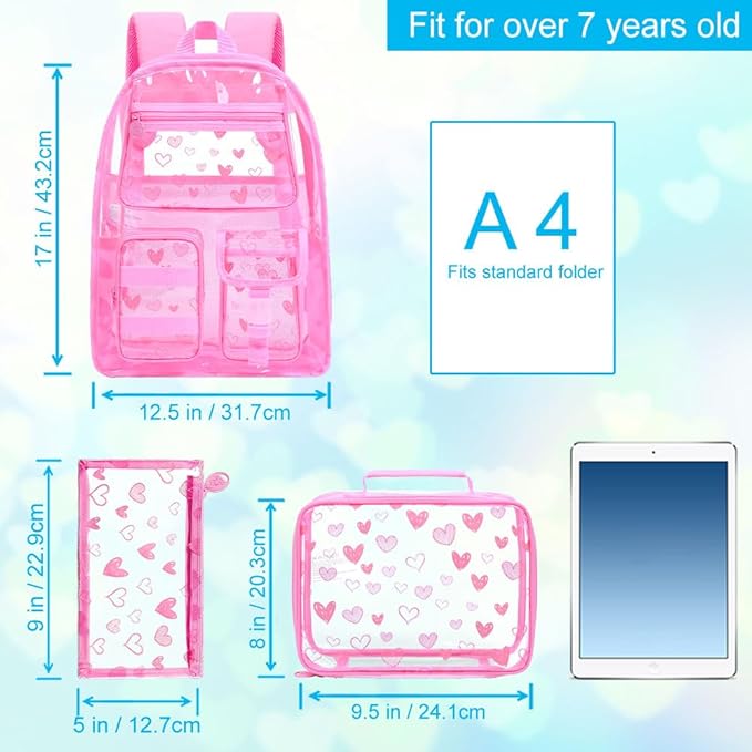 CCJPX 3Pcs Clear Backpack for Girls, School Transparent Bookbag, Heavy Duty See Through Backpacks for Teens Elementary
