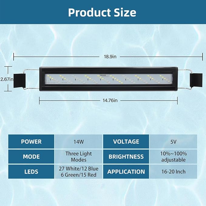 DaToo LED Aquarium Light Full Spectrum Fish Tank Light with Dimmer White Blue Red Green LEDs Fish Tank Light with Three Lighting Modes and Extendable Bracket for 16 Inch to 20 Inch Aquarium