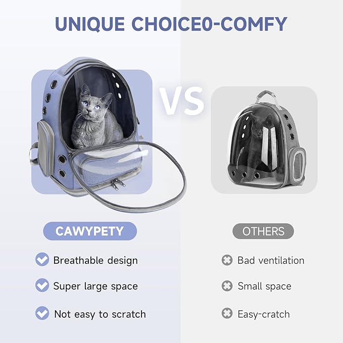 Cawypety Cat Backpack Carrier, Breathable Cat Carrier Large Space Bubble Pet Backpack for Kitty Small Dog up to 12lbs, Transparent & Foldable Pet Carrier for Travel Hiking (Blue