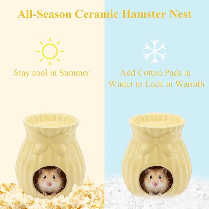 Hypeety Ceramic Hamster Hideout Habitat House for Small Animals Gerbil Dwarf Hamster Mice Cool House for All Season Cute Decor Hut (Yellow)