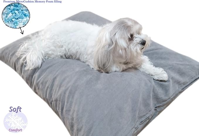Durable Comfort Micro-Cushion Memory Foam Pet Dog Pillow Bed with Waterproof Liner + External Cover for S,M,L Dogs- Complete Set (Gray Microsuede, 36''x29'')