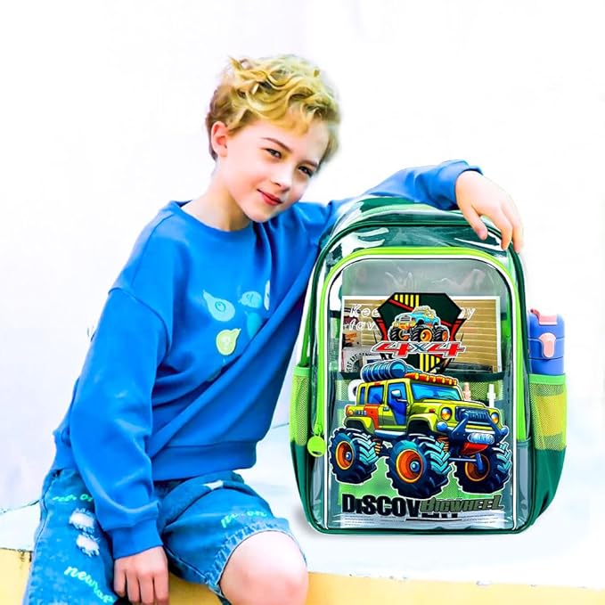 Clear Backpack for Girls and Boys, Kids Transparent Bookbag, 3PCS Cute See Through School Bag for Elementary Prechool