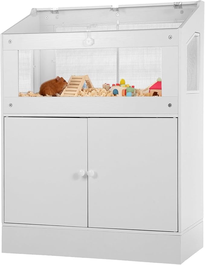 Hamster Cage with Storage Cabinet, Small Animal Cage with Acrylic Viewing Window & Ventilated Mesh, Large Pet Habitat Enclosure for Guinea Pig, Mice, Gerbils, Hedgehogs, Rats, Rabbit