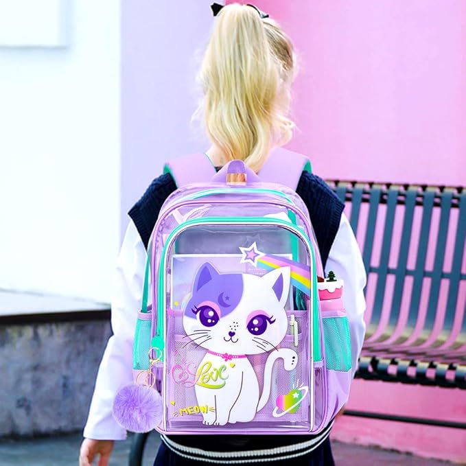 KLFVB 3PCS Clear Backpack for Girls and Boys, Kids See Through Backpacks Stadium Approved, Transparent Bookbag for Elementary