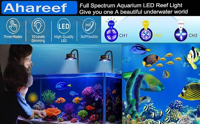 Ahareef Clip-on Full Spectrum LED Reef Light 30W for SPS/LPS Corals – Dimmable Aquarium Light with 3 Timers/5 Brightness/3 Models, Perfect for Saltwater & Nano Reef Tanks (16-20 Inch)