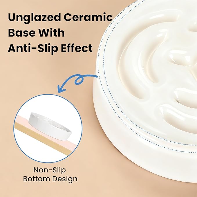Ceramic Slow Feeder Dog Bowls,2.0 Cups Slow Feeder for Medium Breed,Puzzle Dog Food Bowl to Slow Down Eating, Anti-Gulping, Stop Bloat,Preventing Choking,8in,White