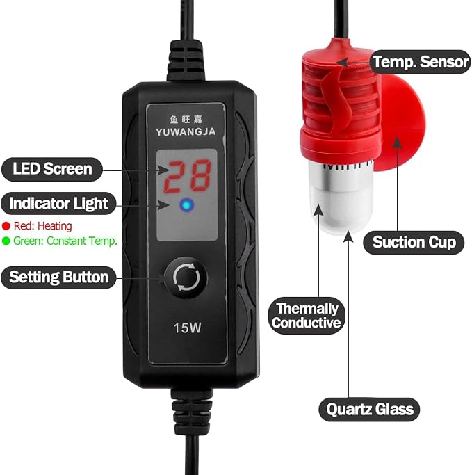 Mini Aquarium Heater 5V/2A USB 15W Super Small Fish Tank Heater with Digital Display Thermostat, Thickened Quartz Glass Betta Tank Heater Turtle Heater for Tanks up to 1 Gallon