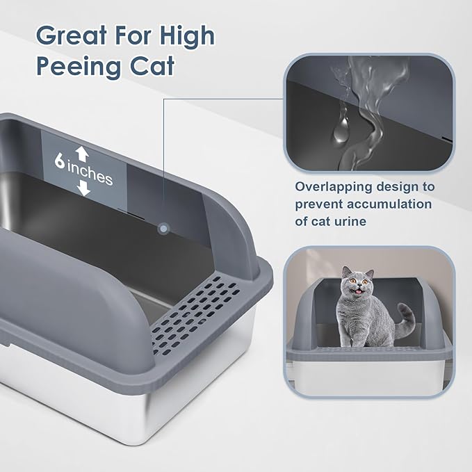 Suzzipaws Enclosed Stainless Steel Cat Litter Box with Lid Extra Large Litter Box for Big Cats XL Metal Litter Pan Tray with High Wall Sides Enclosure, Non-Sticky, Anti-Leakage (Grey)
