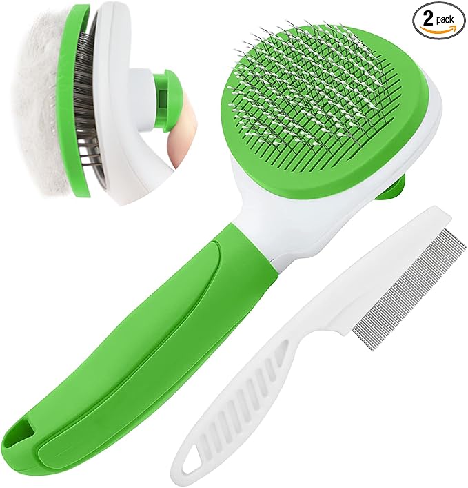 Cat Brushes for Indoor Cats, Dog Brush for Shedding with Metal Cat Comb, Self Cleaning Pet Hair Brush with Release Button for Grooming Kitten(Green)