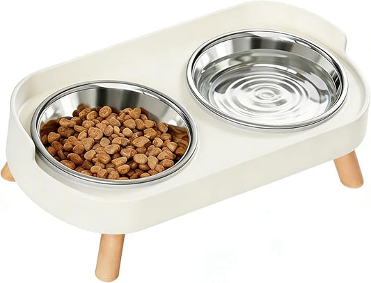 Elevated Cat Bowls, 2 Stainless Steel Raised Cat Food and Water Bowl Set, Splash Proof & Non-Slip, Whisker Fatigue Friendly, Dishwasher Safe for Cats and Small Dogs - White