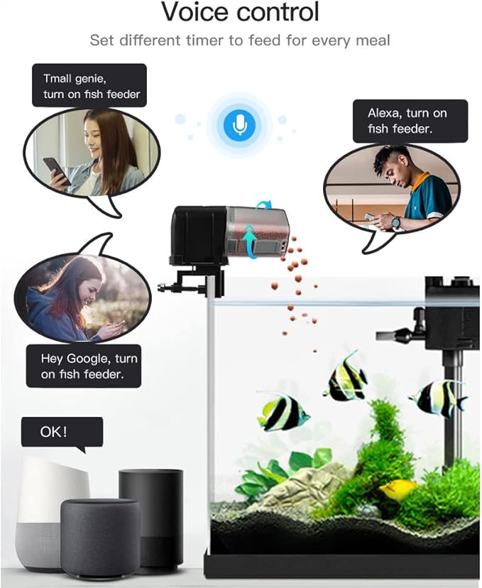 Irfora USB Powered WiFi Intelligent Automatic Aquarium Fish Bowl Food Feeder Home Household Aquarium Intelligent Timing Fish Feeder APP Remotes Control 24 Laguages Compatible with Voice Control