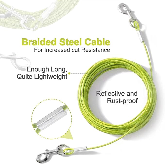 Tie Out Cable for Dogs,10/20/30/50/100FT Dog Leads for Yard Chew Proof,Heavy Duty Tie Out Cable for Large Dogs Up to 125lbs,Dog Runner Tether (Green, 125Ibs 100ft)