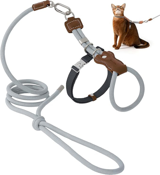 ETIAL Premium Adjustable Escape-Proof Cat Harness & Leash Set with Leather Sliding Back, 4.3ft Nylon Rope, Cross-Strap, Heavy-Duty Buckles for Secure Walking (Buckwheat Gray, Back Length 3.5”-4.7”)