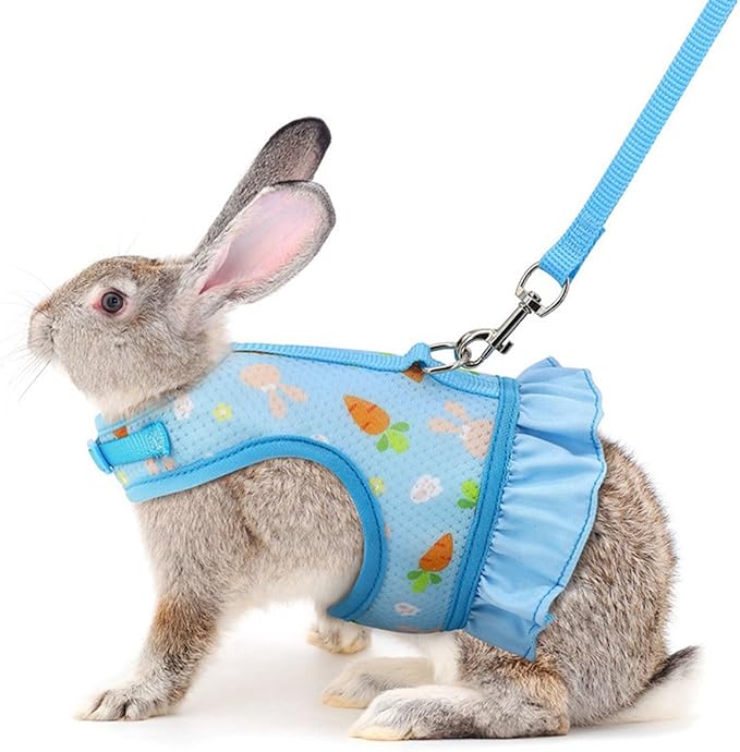 Rabbit Harness and Leash Set, Bunny Leash Vest Mesh Eescape Proof Cute Floral Walking Training for Small Animal Pets Rat Hamster Squirrel Ferret Guinea Pig Bunny, Blue L